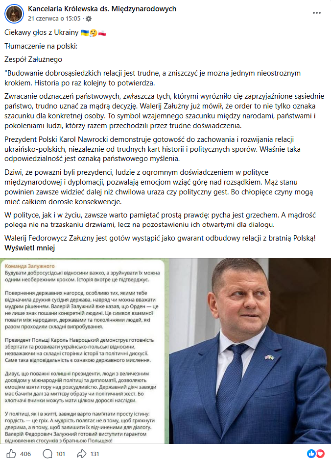 Wpis profilu Kancelaria Królewska ds. Międzynarodowych. Dołączono do niego kopię wiadomości z Telegrama i zdjęcie generała Załużnego. Post zdobył 400 reakcji, 101 komentarzy i 127 udostępnień