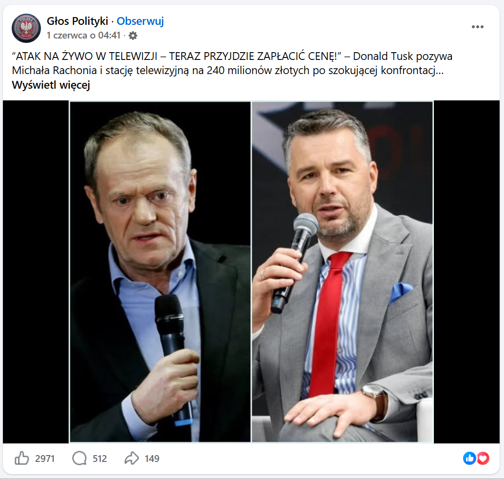 Zrzut ekranu z Facebooka, na górze treść postu i elementy interfejsu platformy. Na dole połączone zdjęcia Donalda Tuska i Michała Rachonia.