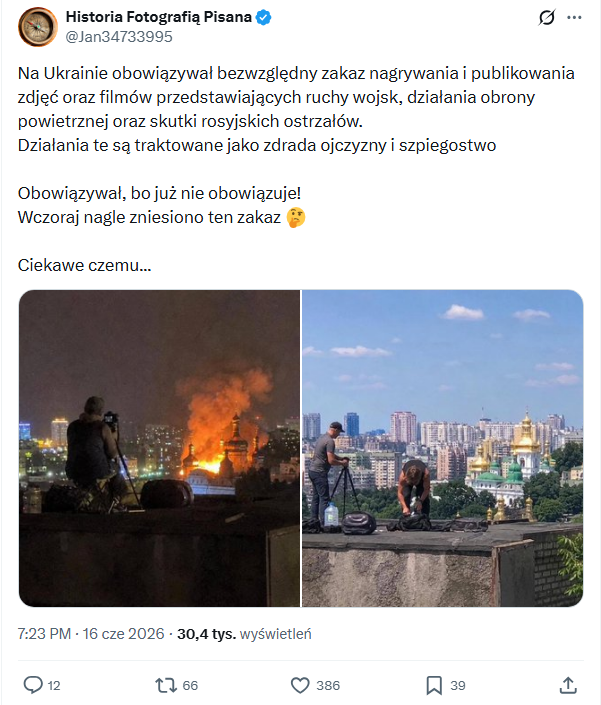 Wpis konta Historia Fotografią Pisana w serwisie X. Przedstawia on dwa wspomniane zdjęcia. Zdobył on 386 reakcji, 66 udostępnień i 12 komentarzy