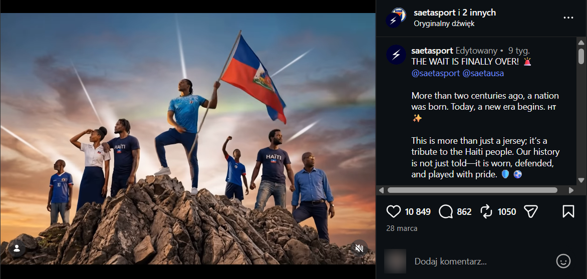 Post z Instagrama - fragment filmu promocyjnego, na którym stoją Haitańczycy, jeden z nich trzyma flagę Haiti.