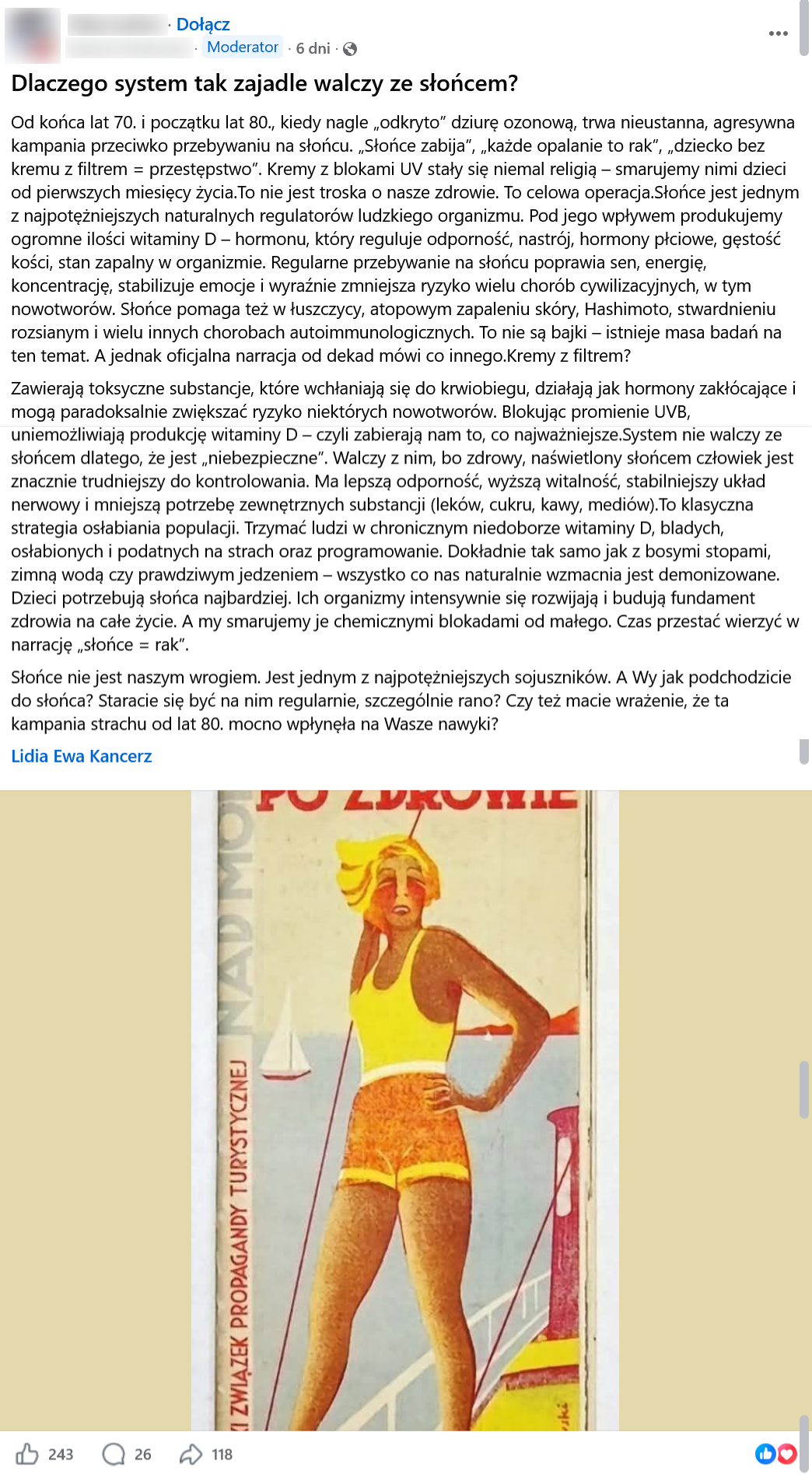  Post z Facebooka opisujący rzekome szkodliwe działanie kremów z filtrem.