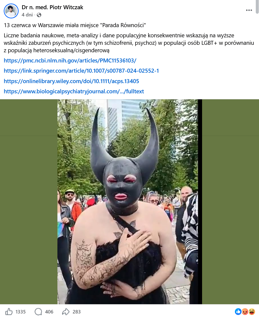 zrzut ekranu wpisu na facebooku. Na górze podpis, na dole grafika ze zdjęciem osoby w masce na paradzie równości.