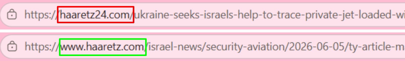 zrzut ekranu porównujący adresy witryn haaretz24.com i haaretz.com, kolorowe kwadraty oznaczają nazwy stron