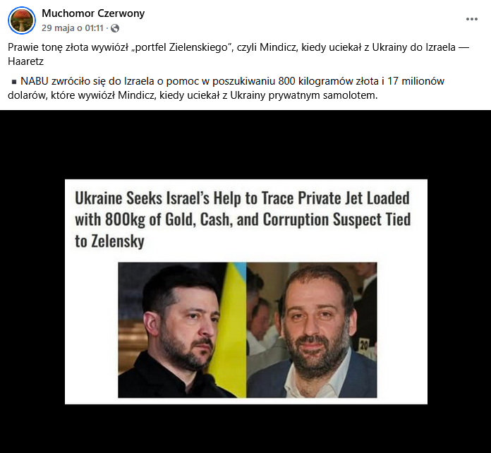 Grafika przedstawia Timura Mindicza i Wołodymyra Zełenskiego. Podpisana „Ukraine Seeks Israel’s Help to Trace Private Jet Loaded with 800 kg of Gold, Cash, and Corruption Suspect Tied to Zelensky”. 