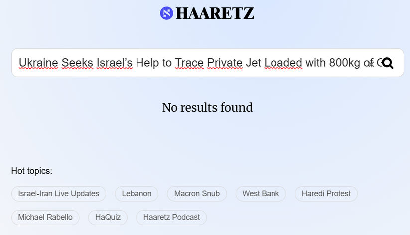 zrzut ekranu ze strony haaretz.com przedstawiający wynik wyszukiwania frazy.