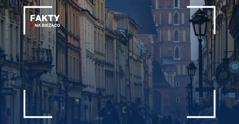 Grafika przedstawia krakowską ulicę.