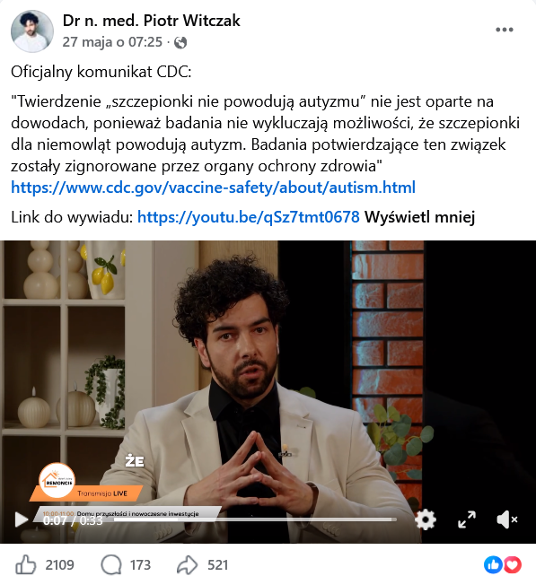 Zrzut ekranu wpisu z Facebooka. Na górze podpis i elementy interfejsu platformy, na dole klatka z filmu – Piotr Witczak w studiu telewizyjnym.