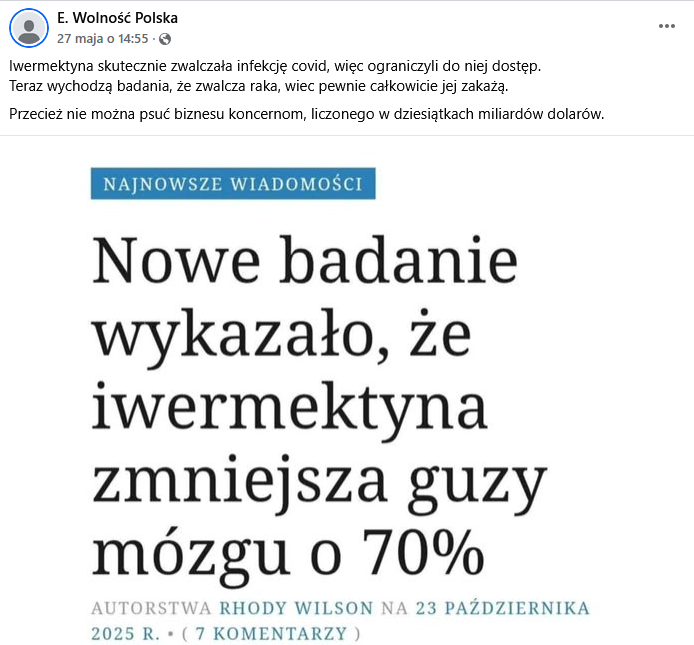 Zrzut ekranu wpisu z Facebooka. Na górze podpis i elementy interfejsu platformy, na dole zrzut ekranu nagłówka artykułu.