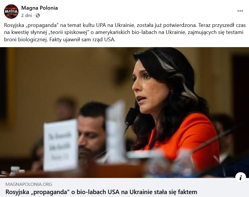 Zrzut ekranu wpisu z Facebooka, na górze podpis i elementy interfejsu platformy, na dole grafika przedstawiająca Tulsi Gabbard.