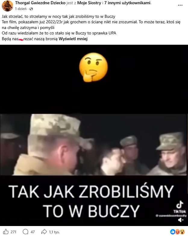  zrzut ekranu wpisu z Facebooka. Na górze podpis i elementy interfejsu platformy, na dole klatka z filmu przedstawiająca Zełenskiego w towarzystwie żołnierzy