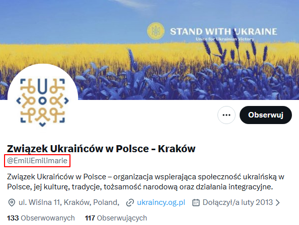Screen ze strony głównej profilu o nazwie „Związek Ukraińców w Polsce - Kraków”. Pod nazwą profilu, jest jego nick: @EmiliEmilimarie.