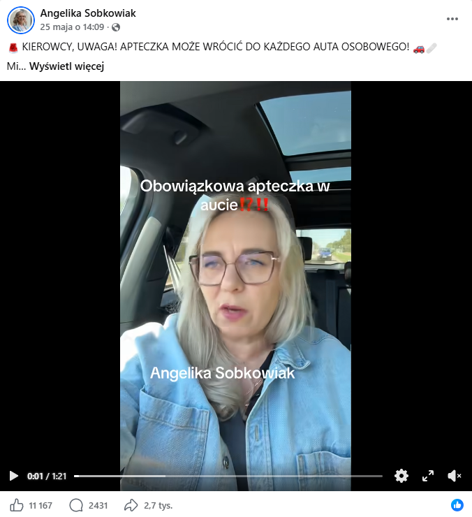 Zrzut ekranu z platformy Facebook, gdzie pojawia się polityczka Konfederacji Angelika Sobkowiak, która opowiada o rzekomym wprowadzeniu nakazu posiadania apteczek w samochodach osobowych. 