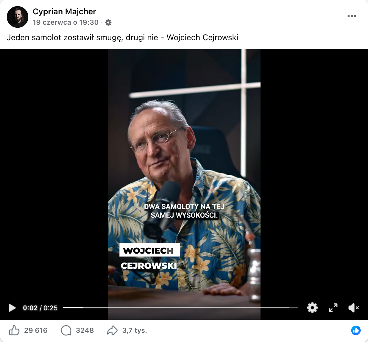 Zrzut ekranu przedstawiający wpis z Facebooka. Do wpisu dołączono nagranie z fragmentem wywiadu z Wojciechem Cejrowskim.