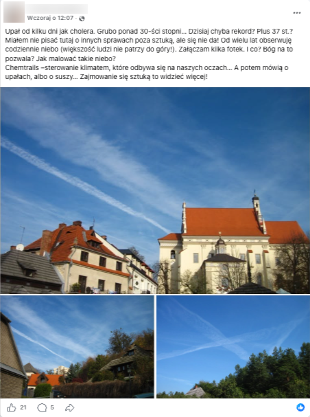 Wpis na Facebooku z informacją, że upał to efekt rozpylania na niebie chemtrails - do wpisu dołączone zdjęcia nieba ze smugami kondensacyjnymi 