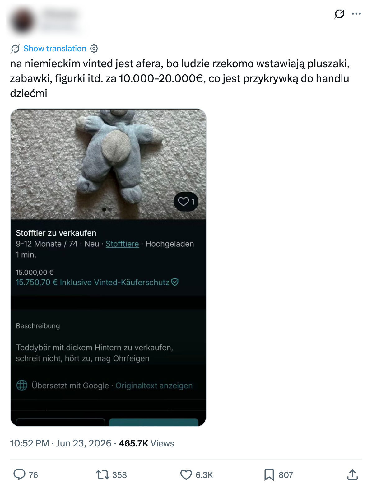 Alt: Zrzut ekranu przedstawiający wpis opublikowany na X.com. Do wpisu dołączono zdjęcie ogłoszenia z platformy Vinted. Jest to ogłoszenie pluszaka. Jego cena wynosi ponad 15 tys. euro. Opis jest w języku niemieckim.