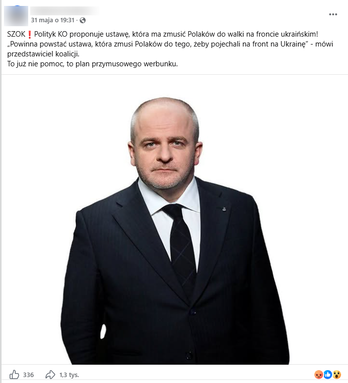 Zrzut ekranu z platformy Facebook, gdzie udostępniono fałszywy cytat Pawła Kowala. Do opisu dołączono zdjęcie polityka. 