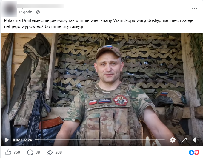 Zrzut ekranu z platformy Facebook, gdzie pojawia się Dariusz M. znany w sieci pod pseudonimem Polak na Donbasie. 