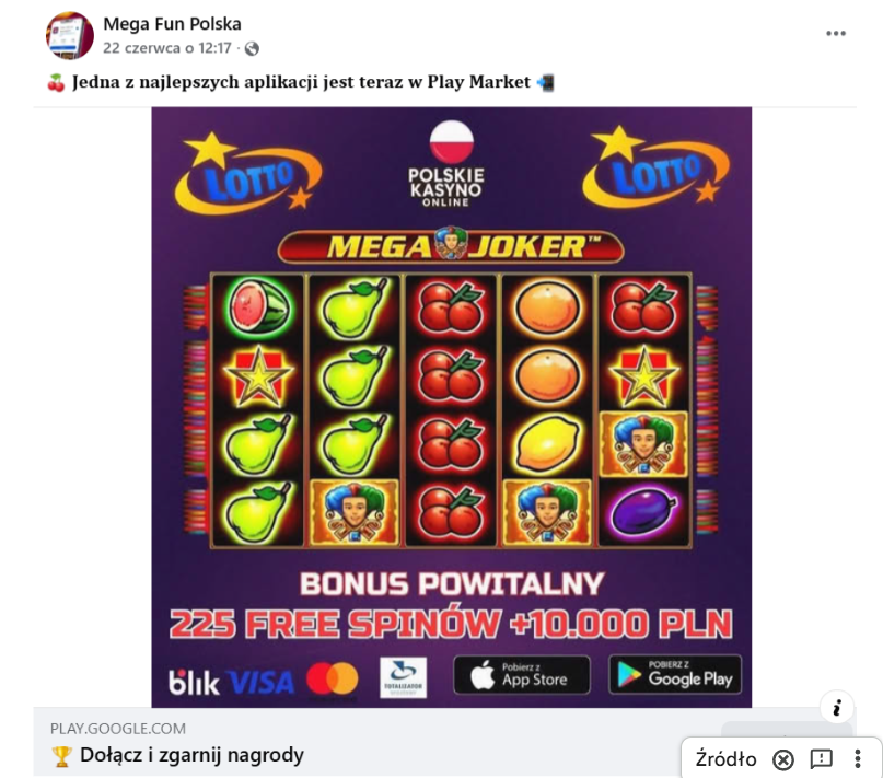 Wpis reklamujący Polskie Kasyno Online z logo lotto i Google Play/ Źrodło: Facebook.com, 22.06.2026