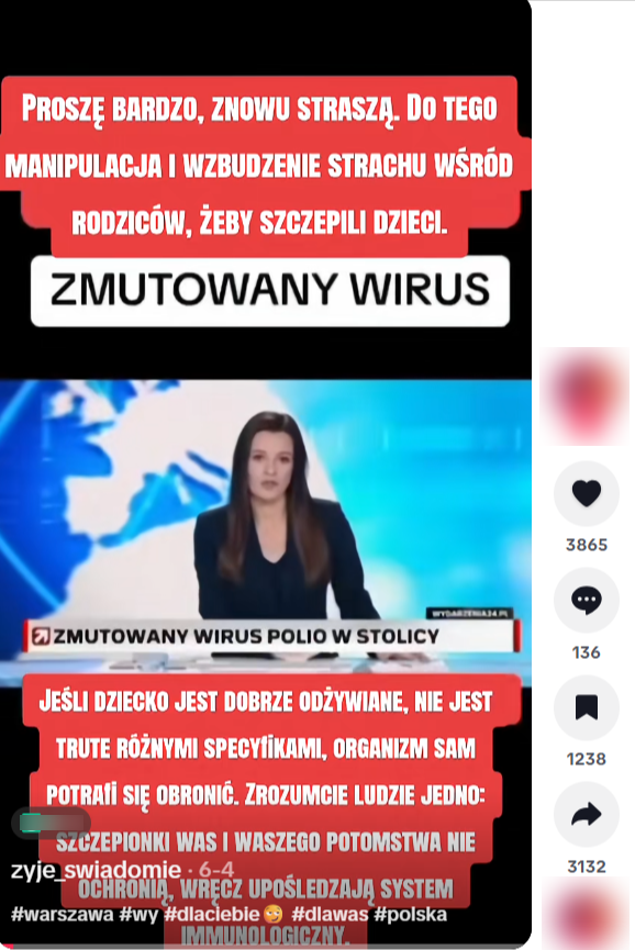 Zrzut ekranu z&nbsp;platformy TikTok, gdzie pojawia się fragment wiadomości stacji telewizyjnej Polsat News. 