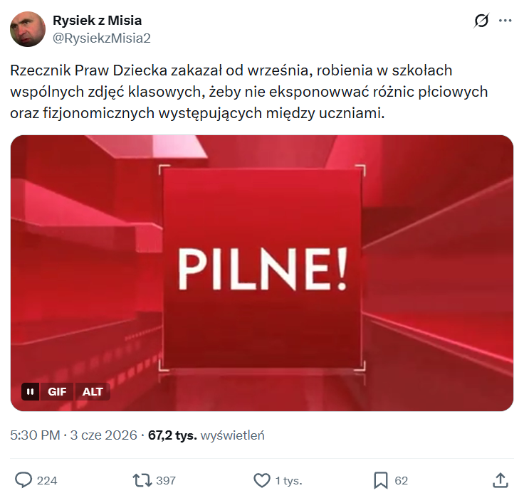 Screen wpisu z profilu Rysiek z Misia, zawierający fałszywą narrację o RPD