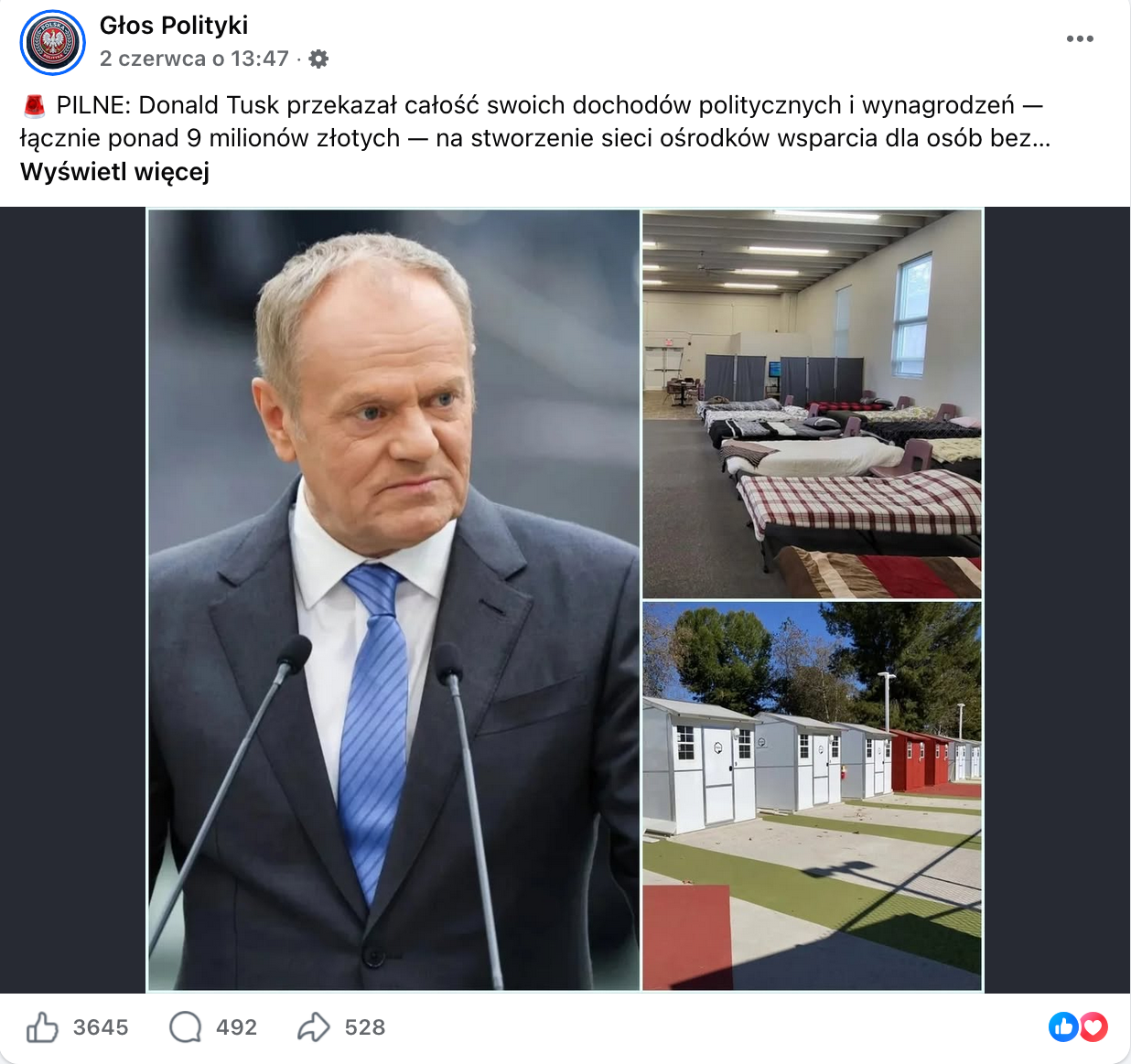 Zrzut ekranu przedstawiający wpis z Facebooka. Do wpisu dołączono kolaż zdjęć: na jednej z fotografii widać Donalda Tuska, na drugiej rząd łóżek, a na ostatnim zdjęciu rząd małych jasnych domków.