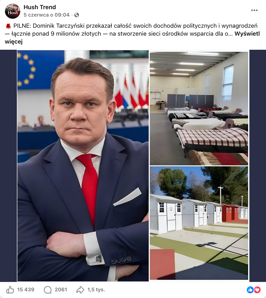 Zrzut ekranu przedstawiający wpis z Facebooka. Do wpisu dołączono kolaż zdjęć: na jednej z fotografii widać Dominika Tarczyńskiego, na drugiej rząd łóżek, a na ostatnim zdjęciu rząd małych jasnych domków.