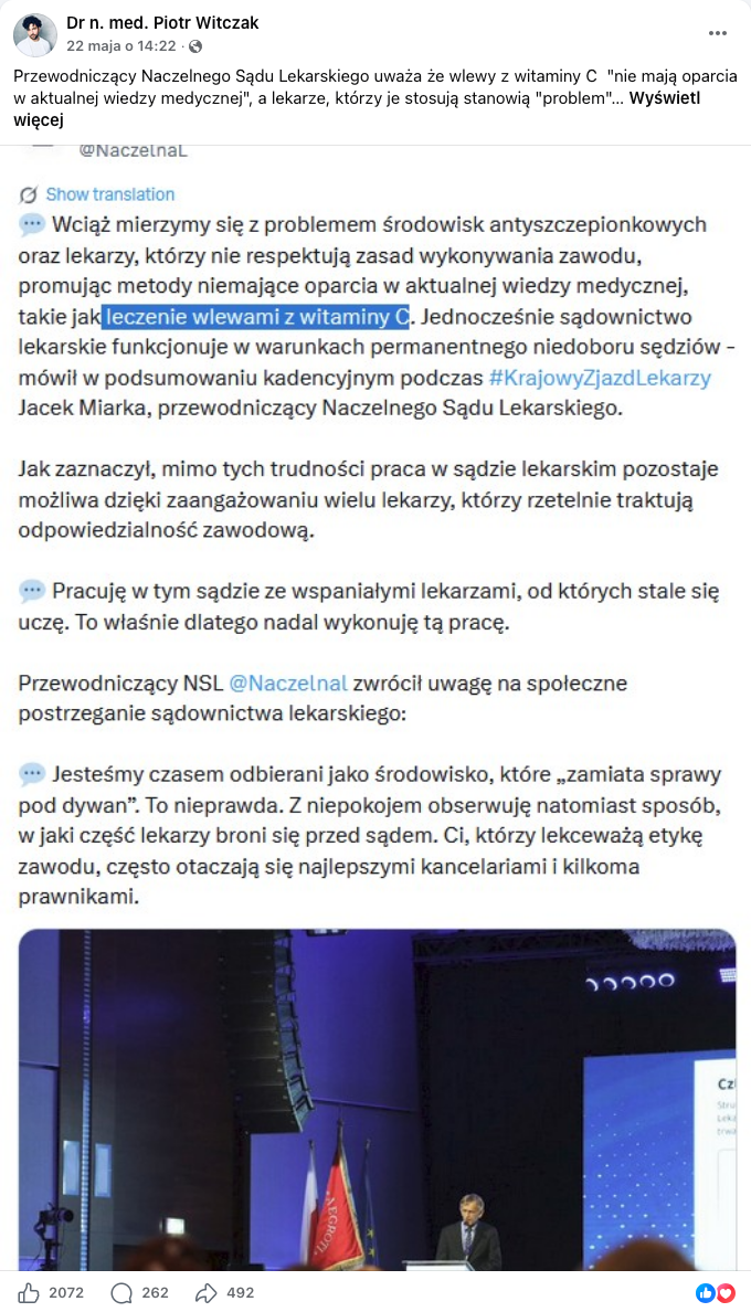 Zrzut ekranu przedstawiający wpis opublikowany na Facebooku. Do wpisu dołączono zdjęcie posta autorstwa przewodniczącego Naczelnego Sądu Lekarskiego z platformy X.com.