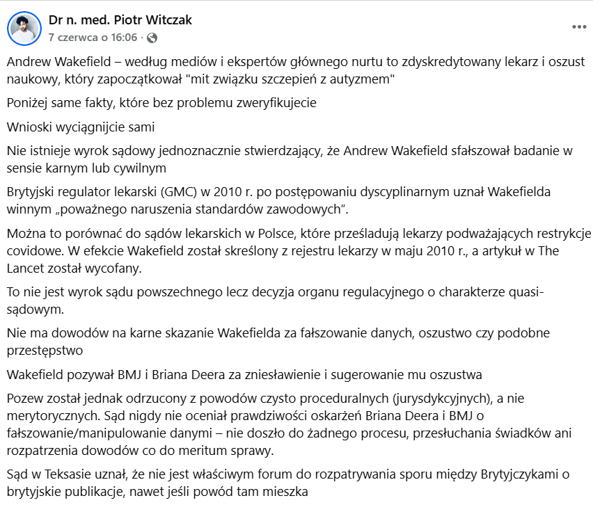 Zrzut ekranu wpisu Piotra Witczaka na Facebooku na temat Andrew Wakefielda.