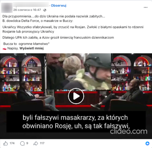 Wpis na Facebooku z nagraniem wywiadu dotyczącego zbrodni w Buczy, która ponoć była inscenizacją
