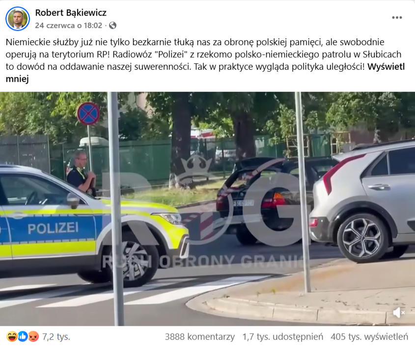 Zdjęcie niemieckiego radiowozu w Słubicach we wpisie Roberta Bąkiewicza na Facebooku.