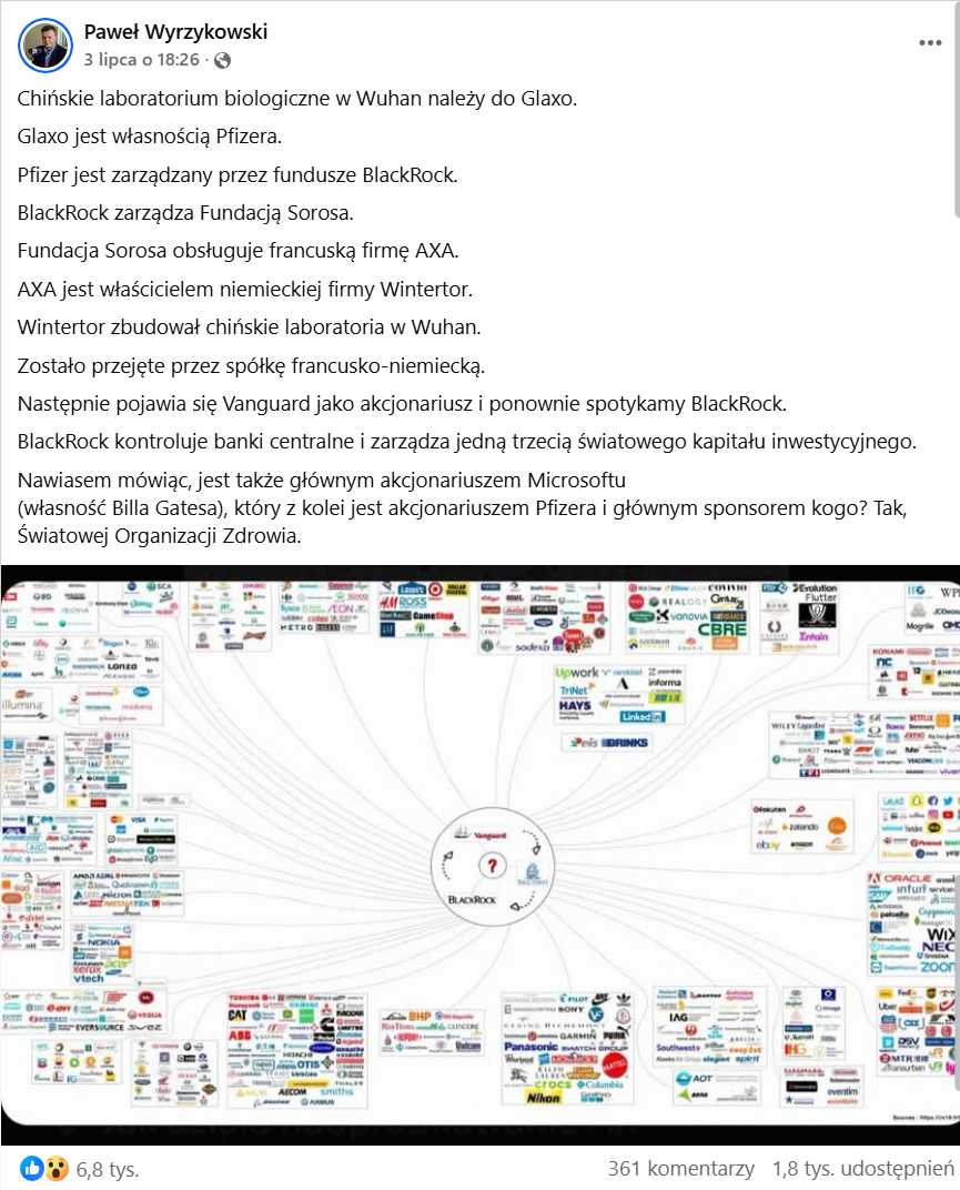 Wpis Pawła Wyrzykowskiego na Facebooku na temat powiązań laboratorium w Wuhan.