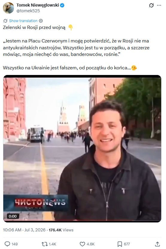  Zrzut ekranu przedstawia post zawierający opisywane nagranie z Wołodymyrem Zełenskim.