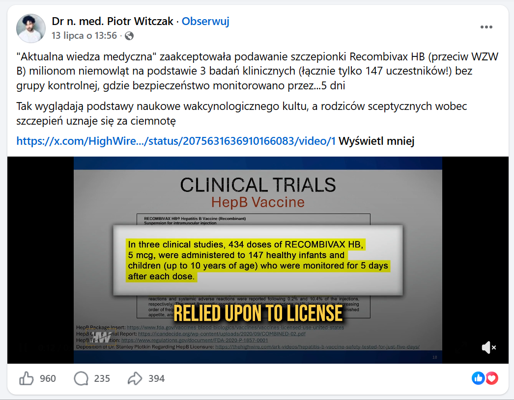 zrzut ekranu z platformy Facebook. Widoczne elementy interfejsu platformy oraz fragment ulotki szczepionki.