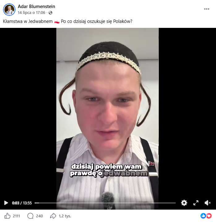 Zrzut ekranu z platformy Facebook, gdzie pojawia się twarz mężczyzny o pseudonimie Adar Blumenstein. 