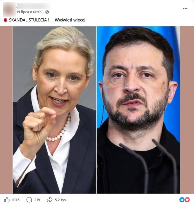 Zrzut ekranu z platformy Facebook, gdzie pojawia się twarz niemieckiej polityczki Alice Weidel i prezydenta Ukrainy Wołodymyra Zełenskiego. 