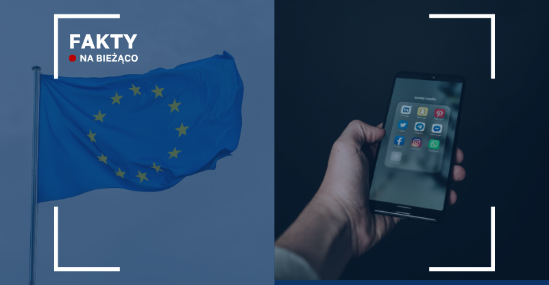 Flaga Unii Europejskiej z lewej strony. Smartfon z prawej strony w lewym górnym rogu napis fakty na bieżąco