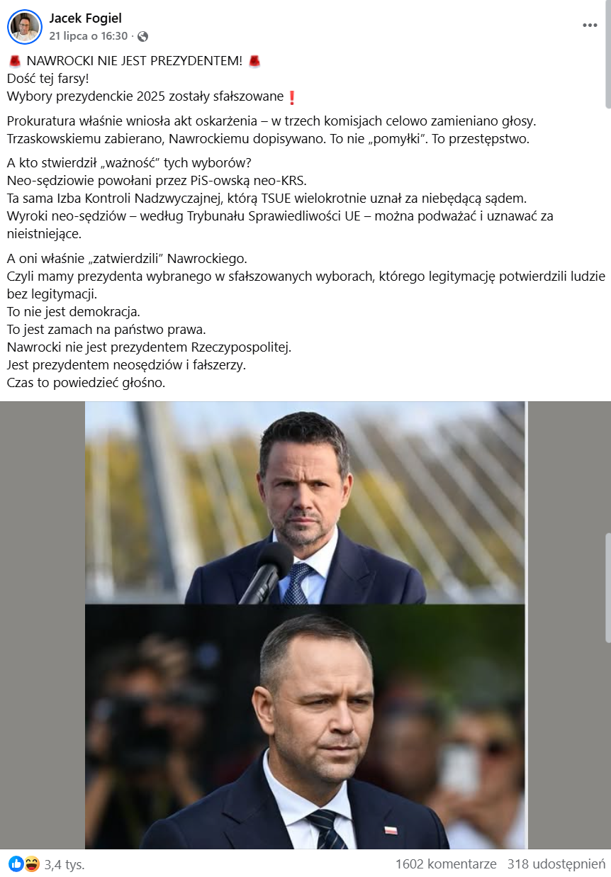 Wpis na Facebooku zawierający zarzuty, że wybory prezydenckie w 2025 roku zostały sfałszowane