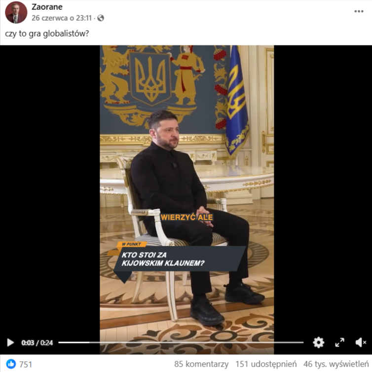 Post z Facebooka o treści „czy to gra globalistów?”.