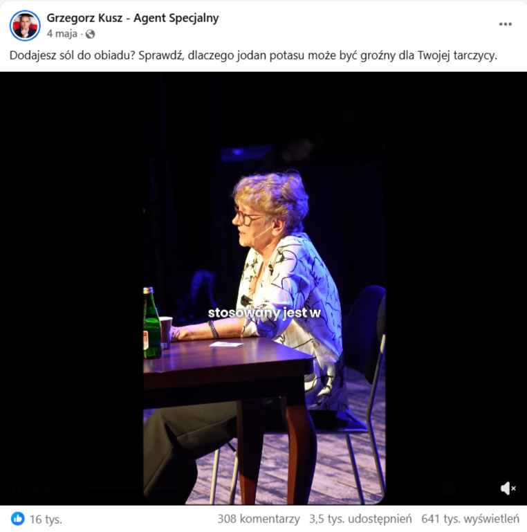 Post o treści „Dodajesz sól do obiadu? Sprawdź, dlaczego jodan potasu może być groźny dla Twojej tarczycy”.