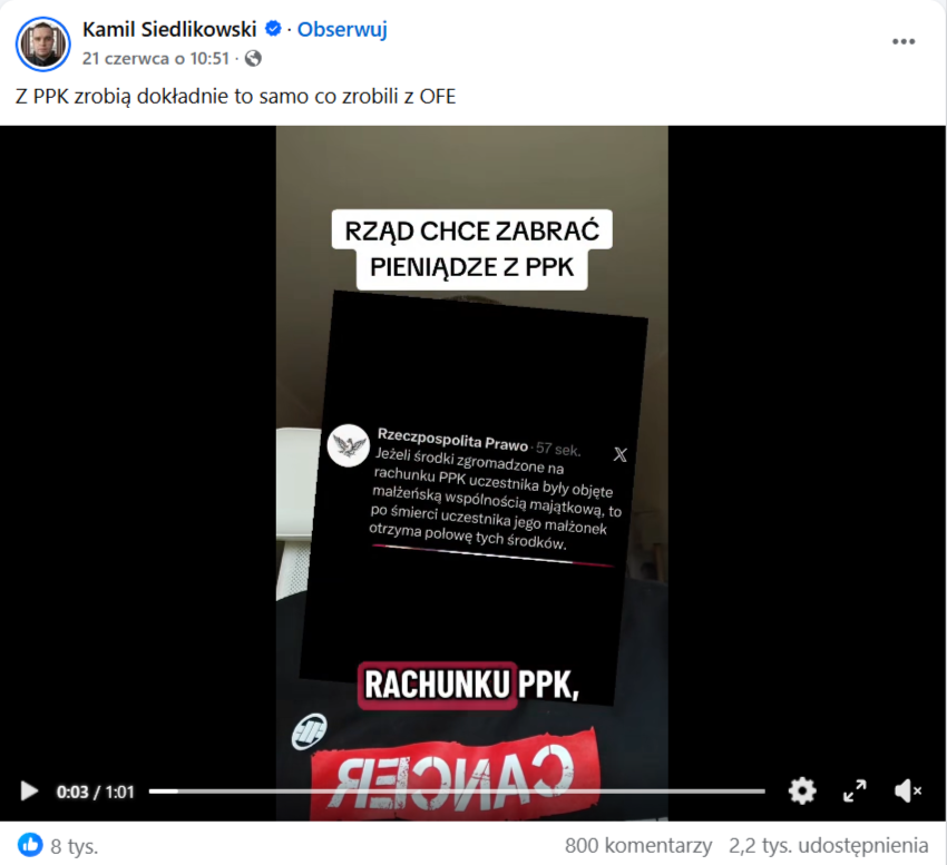 Wpis na Facebooku z filmem, na którym Kamil Siedlikowski komentuje PPK