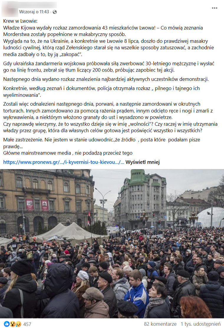 Post z Facebooka zatytułowany: Krew we Lwowie.