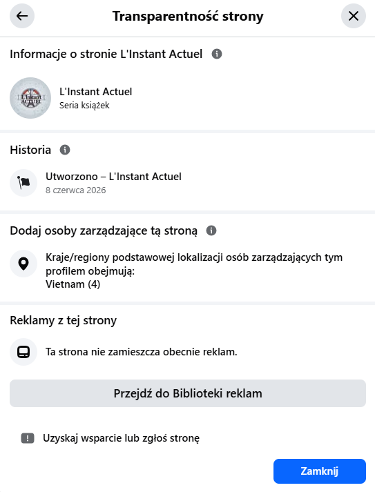 Zrzut ekranu z platformy Facebook, gdzie pojawia się informacja, że konto jest zarządzane z Wietnami. 