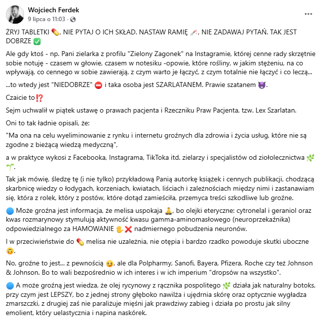 Wpis na Facebooku, zgodnie z którym „lex szarlatan” uniemożliwi działalność zielarzy