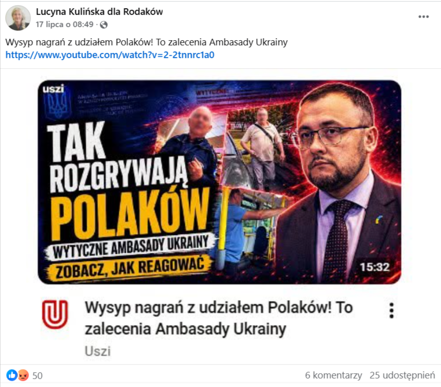 pis na Facebooku kierujący do filmu na YouTubie o zaleceniach ambasady Ukrainy
