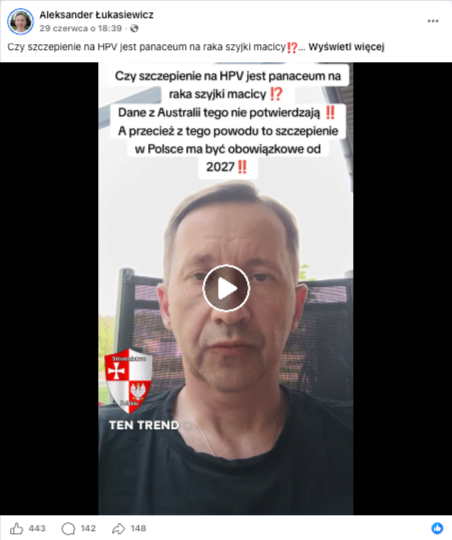 Zrzut ekranu wpisu z Facebooka, na górze podpis i elementy interfejsu platformy, na dole klatka z filmu – twarz mężczyzny.