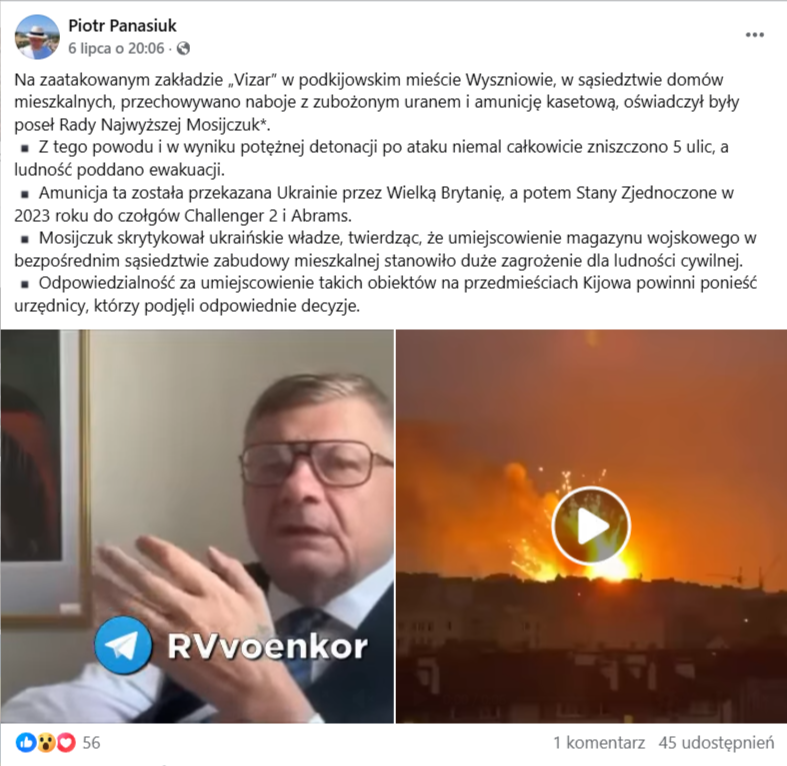 Post Panasiuka informujący o trafieniu w magazyn amunicji, w którym znajdował się zubożony uran.
