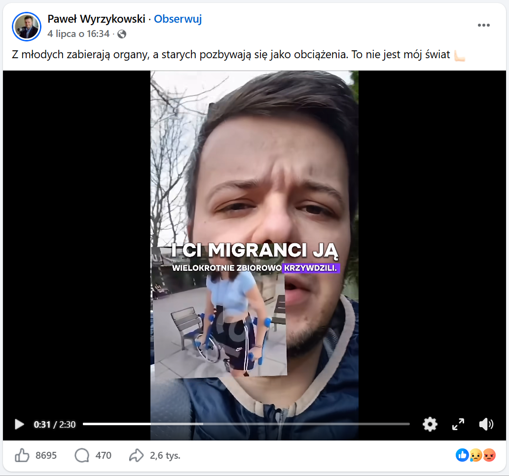 Zrzut ekranu z platformy Facebook. Widoczne elementy interfejsu platformy, twarz Pawła Wyrzykowskiego, kobieta z kulami ortopedycznymi. 
