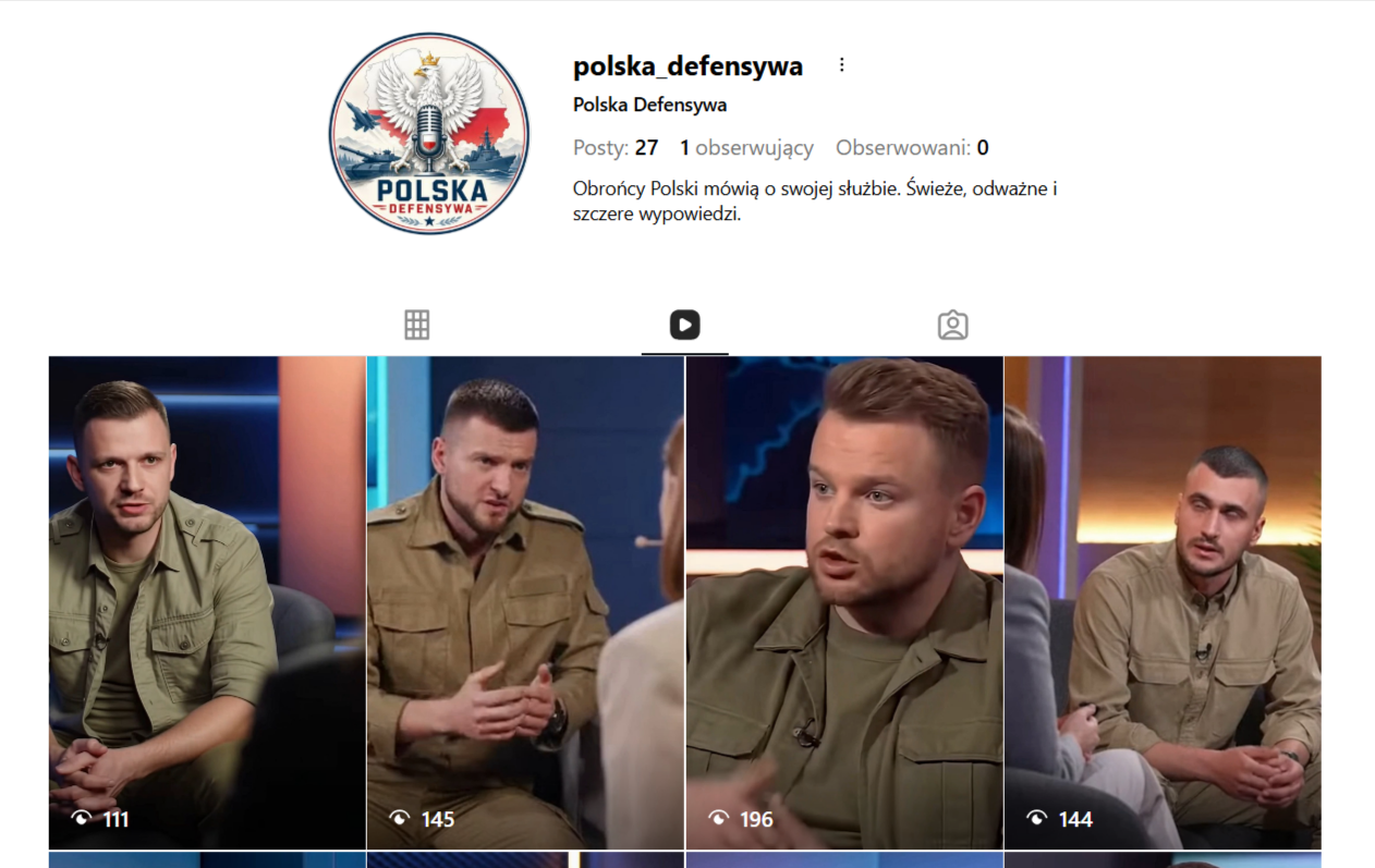 Zrzut ekranu przedstawiający konto „Polska Defensywa” na Instagramie.