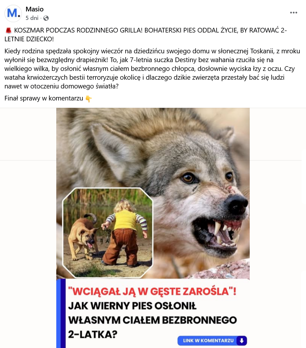 Zrzut ekranu wpisu z Facebooka. Na górze podpis i elementy interfejsu platformy, na dole grafika przedstawiająca wilka, psa i dziecko.