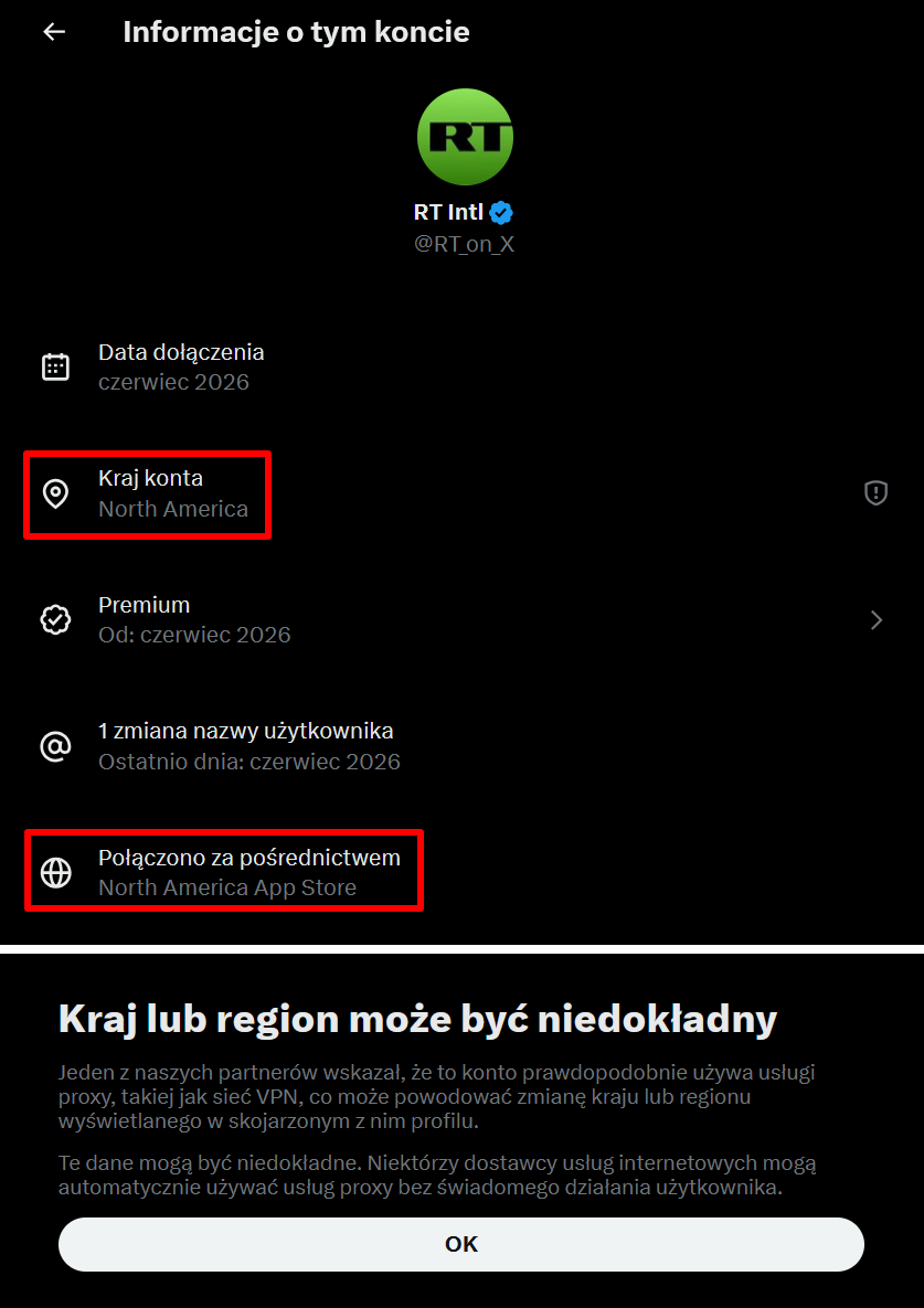 Grafika przedstawiająca informacje o koncie i informacje od X, że prawdopodobnie użyto usługi proxy takiej jak sieć VPN.